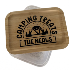 Camping Storage Treats Box/Biscuit Tin Personalised With Name & Vinyl Colour