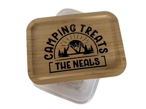 Camping Storage Treats Box/Biscuit Tin Personalised With Name & Vinyl Colour